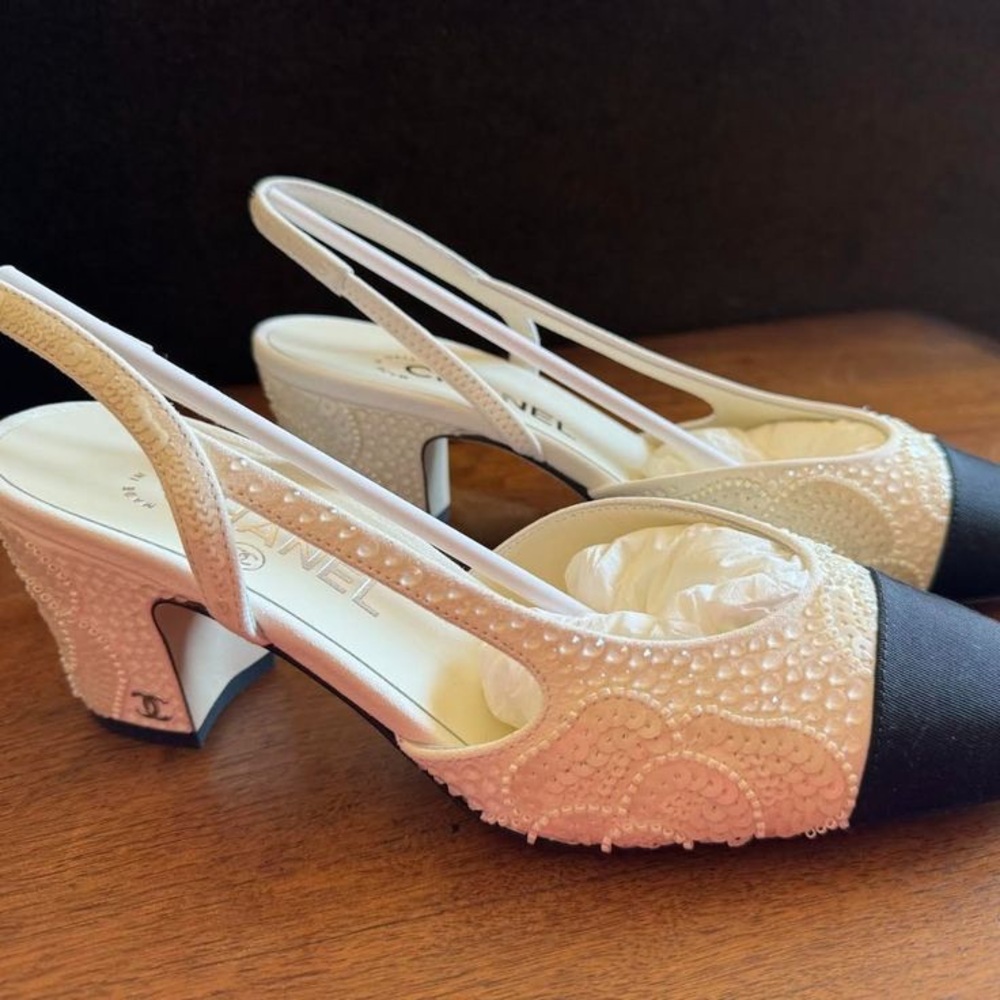 Chanel cream pearl beaded sequin bridal slingback limited edition 36.5